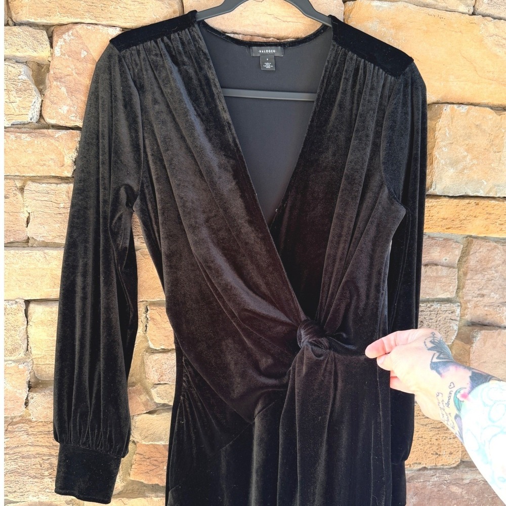 Halogen S Black Velvet Faux Wrap V Neck Knot Long Sleeve Midi Women Dress Goth - Picture 8 of 12